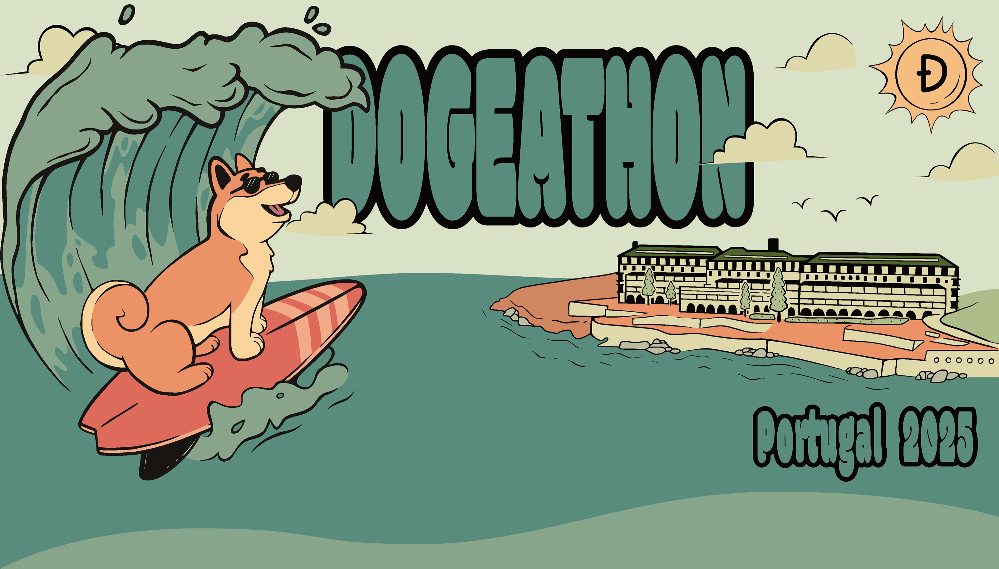 A Shiba Inu surfing towards the Vila Galé Hotel in Ericeira.